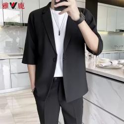 雅鹿 夏季男士休闲西服七分袖韩版宽松防晒西装外套短袖薄款潮黑色