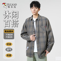 啄木鸟 衬衫男2026夏季百搭外套潮流ins格纹长袖上衣灰色L