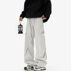月伊纺 冲锋裤男夏季新款宽松百搭潮流运动裤男女款防泼水褶皱拼接休闲裤 浅灰色 5XL
