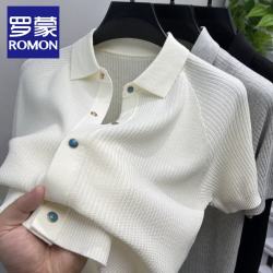 罗蒙 老钱风针织衫开衫短袖t恤男翻领夏季线衫半袖外套男polo衫上衣服 米白色 XL