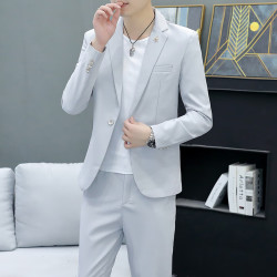 悦景圣 韩版休闲春秋西服套装男士修身商务正装新郎痞帅时尚休闲小西装男 灰色(三件套-上衣 裤子 T恤)