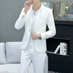 悦景圣 韩版休闲春秋西服套装男士修身商务正装新郎痞帅时尚休闲小西装男 白色(三件套-上衣 裤子 T恤)