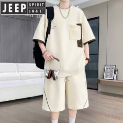 JEEP SPIRIT 感冰丝休闲套装男青年夏季短袖短裤男士一整套搭配痞帅衣服 杏色