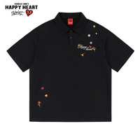 CHARLES JANG'S HAPPY HEART 潮流花朵爱心绣花情侣纯棉短袖POLO衫休闲男女百搭 黑色 S