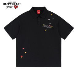 CHARLES JANG'S HAPPY HEART 潮流花朵爱心绣花情侣纯棉短袖POLO衫休闲男女百搭 黑色 S