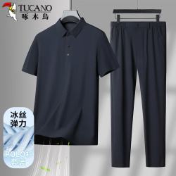 啄木鸟 短袖t恤套装男送父亲冰丝速干polo衫休闲长裤俩件套爸爸装藏青2XL