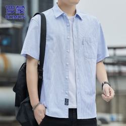 罗蒙 短袖衬衫男士纯棉上衣夏季条纹衬衣男商务休闲男装