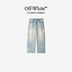 OFF-WHITE 泼墨贴布箭头刺绣轻奢潮牛仔裤百搭长裤阔腿裤  浅蓝色 XL