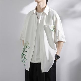嘉晔 JIAYE）中国风短袖白衬衫男新中式国潮感冰丝速干外套五分袖衬衣夏 A0503-白色 3XL