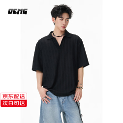 OEMG 老钱风小V领短袖T恤男士夏季cleanfit高级感翻领宽松休闲上衣 黑色  XL