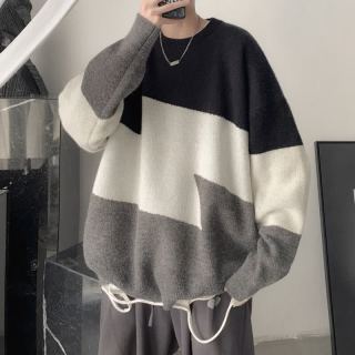 嘉晔 JIAYE拼色毛衣男秋冬季日系圆领套头潮流休闲打底针织衫外套毛线衣 黑色 XL