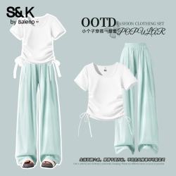 班尼路 S&K抽绳短款短袖阔腿裤套装女两件套