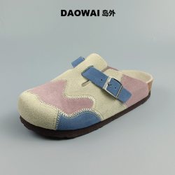 岛外 反毛牛皮拼接 女士拖鞋