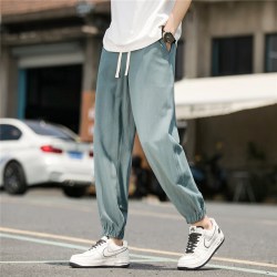 月伊纺 夏季休闲裤男士宽松束脚运动长裤青年100%纯棉哈伦裤学生棉麻长裤
