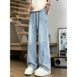 月伊纺 水洗牛仔裤男夏季新款宽松直筒休闲裤子青年潮流百搭阔腿拖地长裤