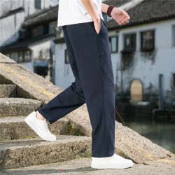 月伊纺 夏季新款中国风男裤宽松直筒休闲裤青年100%纯棉百搭运动裤九分裤