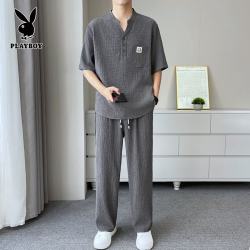 PLAYBOY 夏季短袖长裤冰丝套装男士休闲高级感青奢舒适V立领T恤男装两件套
