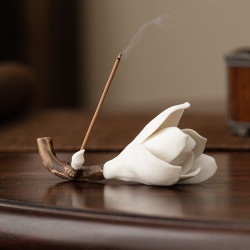 欢西施 玉兰花香插线香香座笔架德化白瓷茶具茶道配件茶台茶桌小摆件 玉兰花摆件小香插_白色 纯手工捏花