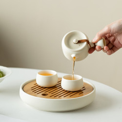 茉舟 日月干泡台陶瓷圆形茶盘泡茶家用功夫茶具套装小型储水茶台茶海 日月干泡盘暖白-竹+陶瓷 蓄水约800ml