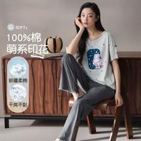 猫人 休闲睡衣女短袖七分裤纯棉家居服套装可外穿睡衣女