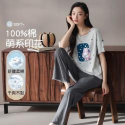 猫人 休闲睡衣女短袖七分裤纯棉家居服套装可外穿睡衣女