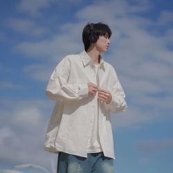 港仔文艺男 日系男士宽松长袖衬衫 秋季工装白衬衣