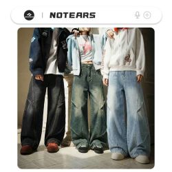 No tears NOTEARS 男士宽版水洗做旧加绒弯刀牛仔裤