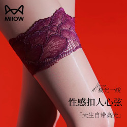 猫人 紫色极光油亮长筒袜女超薄性感纯欲蕾丝花边过膝油亮大腿袜长丝袜 紫色&紫色蕾丝 均码