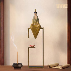 铜师傅 《听莲》中式禅意观音菩萨办公室客厅装饰工艺品 桌面摆件
