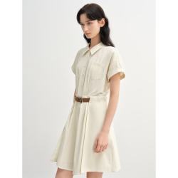 独束 微胖MM时尚设计感衬衫连衣裙 杏仁米 长款