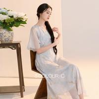 三彩 2026夏季新中式印花A字雪纺连衣裙