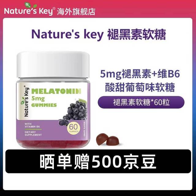 Nature's Key 美国自然之钥褪黑素软糖60粒 含维生素B6 释压助眠安睡改善睡眠质 褪黑素软糖（葡萄味）