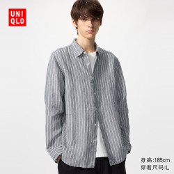 优衣库 482438 法国麻条纹长袖衬衫 深灰色 XL