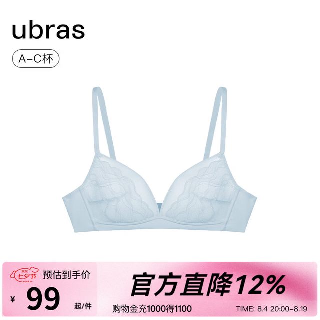 PLUS会员：Ubras 24年流雾蕾丝性感内衣透气法式轻奢大胸显小聚拢兔耳杯文胸 小胸空气杯-涟漪蓝色 S(70A/B/C)