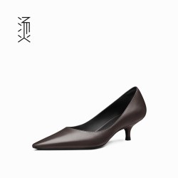 烫 社交女鞋乌木色羊皮浅口中低细跟女鞋2026秋季新款舒适高级单鞋