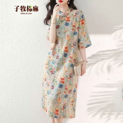 子牧棉麻 2025春夏装 女民族风碎花改良旗袍连衣裙印花显瘦中长裙3354 花色 2XL (130-140斤)