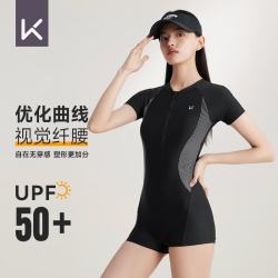 Keep 泳衣女士专业连体平角游泳衣竞速保守大码温泉泳装047 黑色 L  L