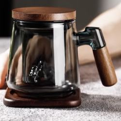 京东 观山泡茶杯茶水分离过滤花茶杯专用玻璃水杯办公室喝茶杯子 透黑三件杯（无观山 301-400ml
