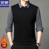 罗蒙 男士加绒加厚假两件衬衫领毛衣 秋冬季含羊毛正装打底上衣