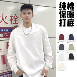 新款潮牌圆领休闲白色打底长袖上衣T恤衣服男款宽松纯棉t恤美式