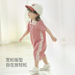 巴厘小猪 宝宝夏装男宝polo领短袖薄款哈衣运动风女宝衣服婴儿夏季连体衣 玫瑰灰粉 80cm