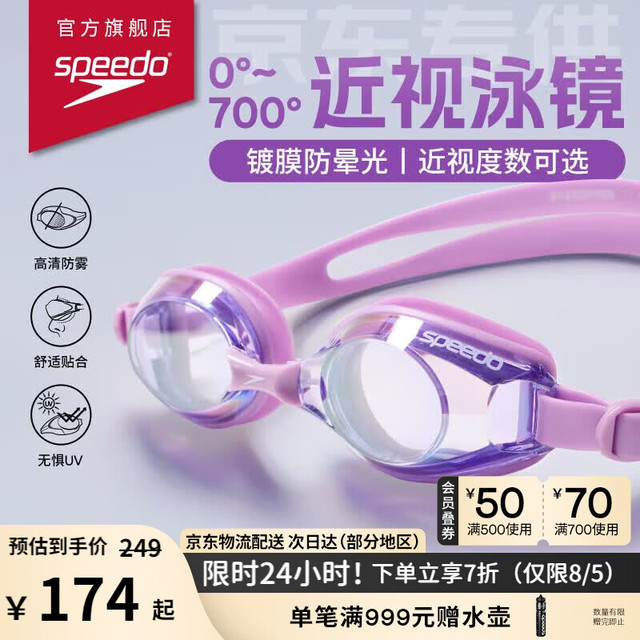 速比涛 京速系列高清防雾镀膜近视泳镜 紫色 400度
