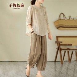 子牧棉麻 女士衬衫+休闲裤 2件套装