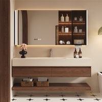 安诗 中古风胡桃木色岩板热弯一体盆浴室柜
