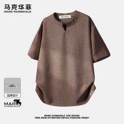 马克华菲 莱赛尔天丝仿亚麻短袖T恤男夏薄款透气V领半袖老钱风上衣
