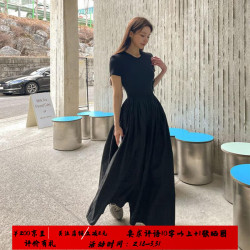 FOURDATRY 黑色赫本风短袖针织拼接连衣裙女春夏感法式高