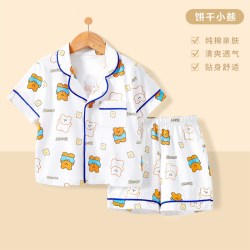 木木屋 儿童睡衣夏季薄款卡通印花衬衫领短袖短裤家居服套装可爱风