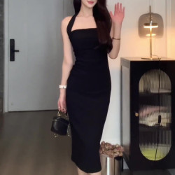 FOURDATRY 纯欲粉色挂脖吊带连衣裙女夏感收腰包臀气质 黑