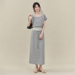 SERINA BLUE 夏季一字肩设计感慵懒休闲风短袖T恤半裙女