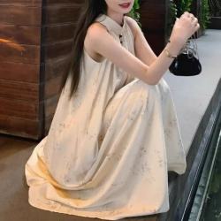 FOURDATRY 新中式国风复古度假风无袖宽松挂脖连衣长裙女